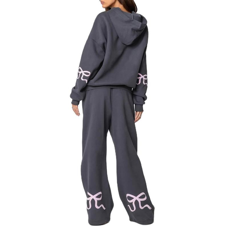 DUTUT Two Piece Bow Graphic Print Hoodie & Sweatpants Set Oversized Pullover High Waist Joggers Tracksuit for Women Premium Cotton-Polyester Blend