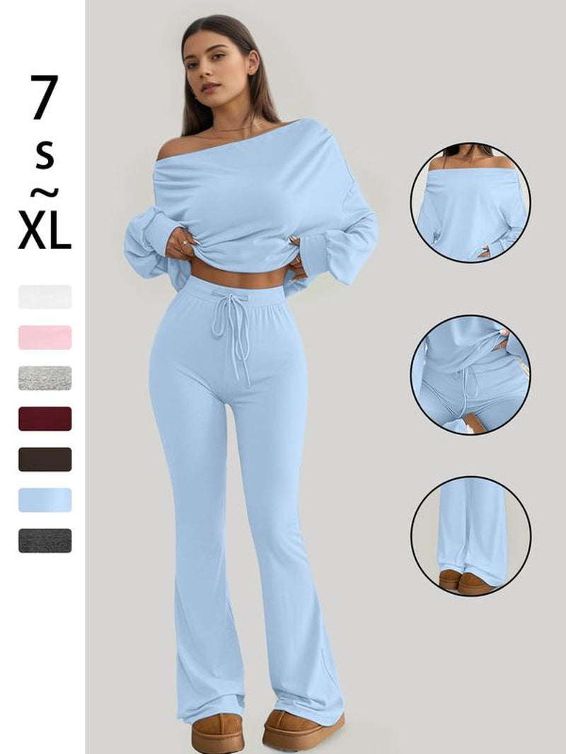 One Shoulder Long Sleeve Loose Crop Top and High Waisted Drawstring Skinny Vintage Bell Bottoms, Yoga Fitness Workout, Fall & Winter