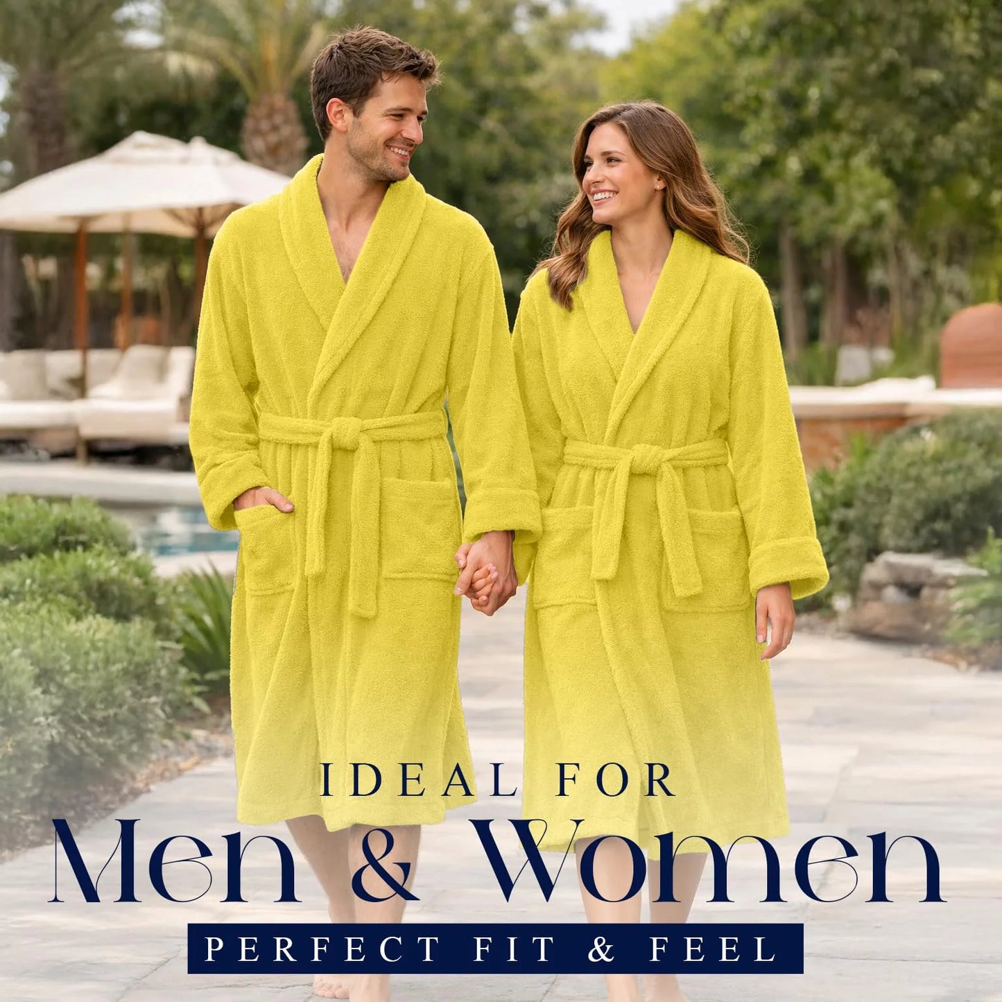 Bathrobe for Men and Women One Size Lightweight Cotton Terry Cloth Robe - Yellow