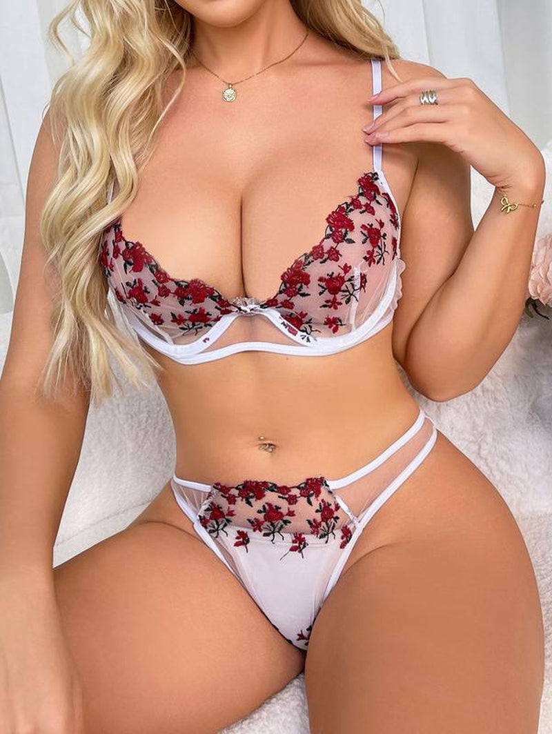 Women’S Sheer Rose Floral Embroidered Lingerie Set, 2-Piece Underwire Unlined Bra + Strappy High-Cut Panty, Lightweight See-Through Mesh, Valentine Gift