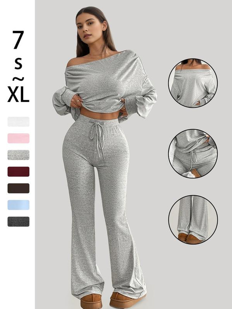 One Shoulder Long Sleeve Loose Crop Top and High Waisted Drawstring Skinny Vintage Bell Bottoms, Yoga Fitness Workout, Fall & Winter
