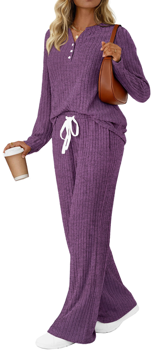 Two Piece  Fall Travel Outfits Henley Neck Sweater Tops Wide Leg Pants Matching Sets Pajamas Clothes