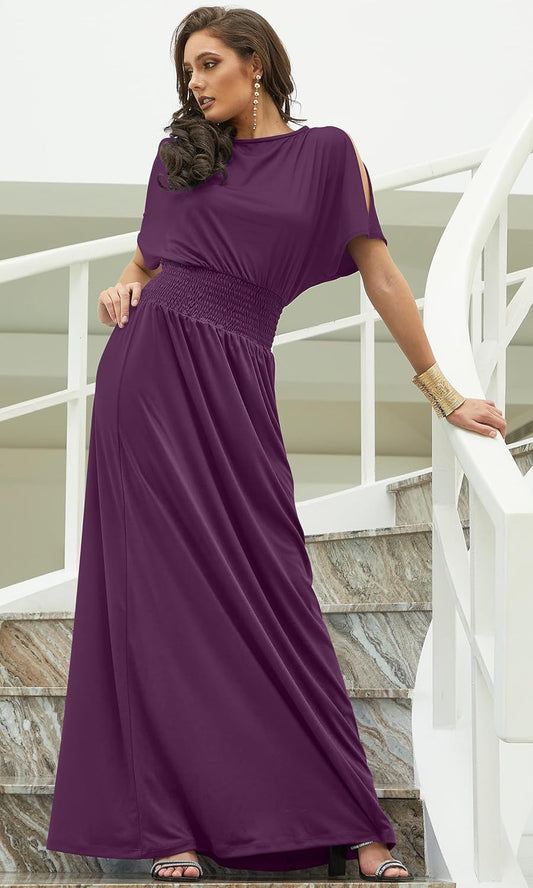 Womens Split Sleeves Smocked Elegant Cocktail Long Maxi Dress