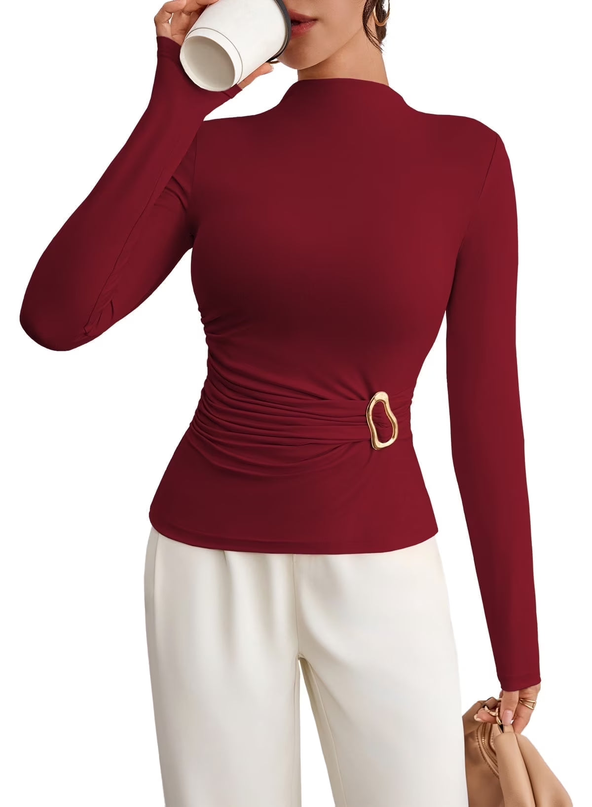 Spring 2026 Women'S Summer Mock Neck Long Sleeve Tops Pleated Wrap Waist with Metal Buttons Stretch Slim Fit Shirts