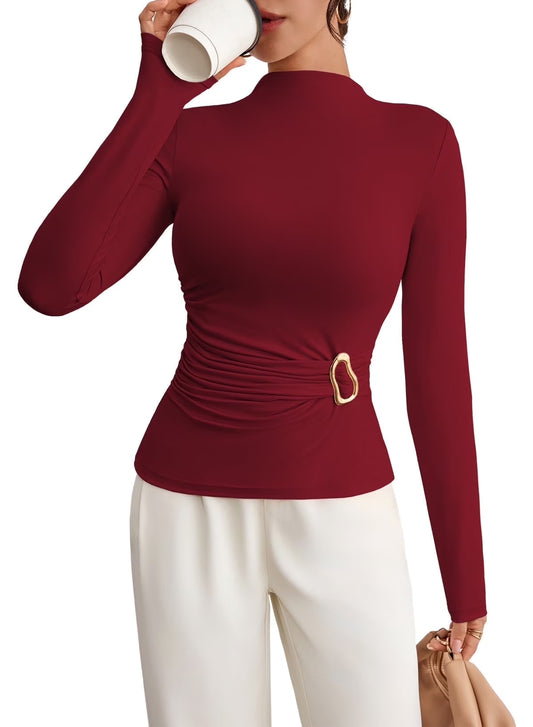 Spring 2026 Women'S Summer Mock Neck Long Sleeve Tops Pleated Wrap Waist with Metal Buttons Stretch Slim Fit Shirts