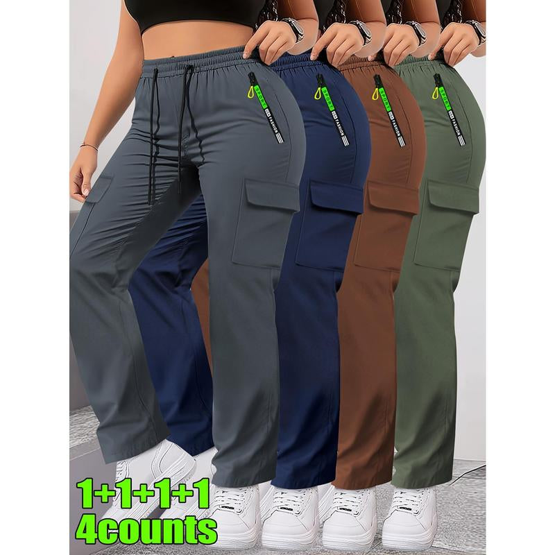 4Pcs Women'S Spring/Autumn Cargo Pants | Fashion Large Pocket Design with Drawstring Elastic Waist, Casual Outdoor/Daily Wear Long Pants, Solid Color, Regular Fit by HIDKAT