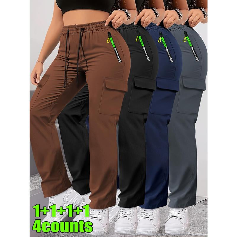 4Pcs Women'S Spring/Autumn Cargo Pants | Fashion Large Pocket Design with Drawstring Elastic Waist, Casual Outdoor/Daily Wear Long Pants, Solid Color, Regular Fit by HIDKAT