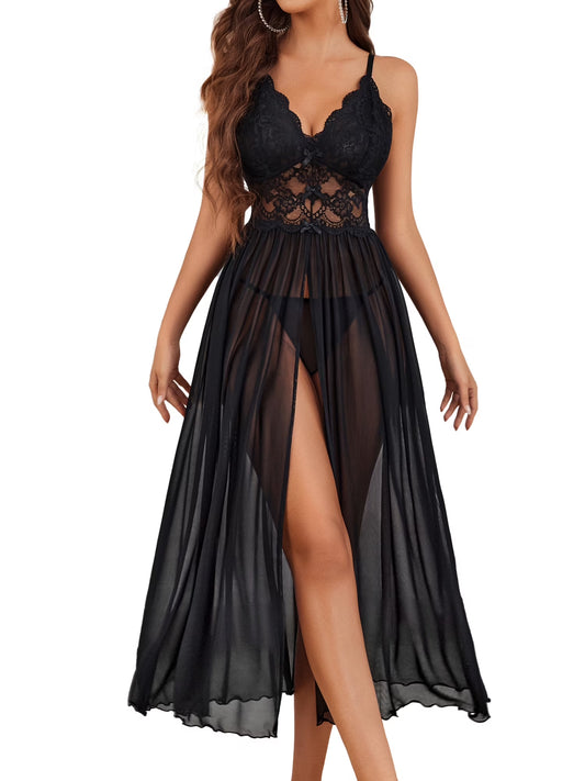 Women Lingerie Lace Chemise Sexy Mesh Nightdress V Neck Nightwear Split Nightgown S-XXL