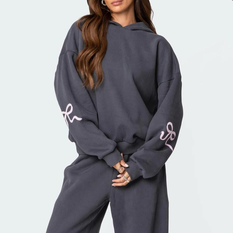 DUTUT Two Piece Bow Graphic Print Hoodie & Sweatpants Set Oversized Pullover High Waist Joggers Tracksuit for Women Premium Cotton-Polyester Blend