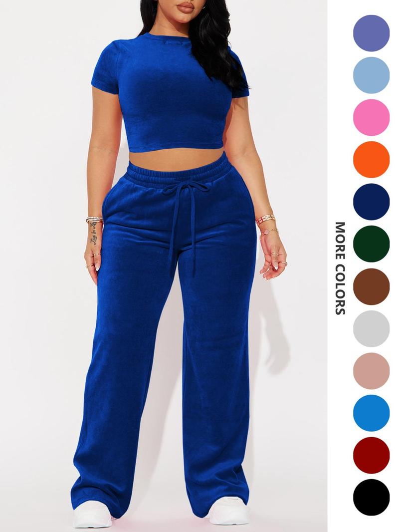 SMSN Women'S Solid Tee & Pants 2 Piece Co-Ord Set Casual Subtle Flexibility Comfortable Fabric round Neck Crop Top & Trousers for Daily Wear Minimalist Basic Crewneck Shortsleeve Matching Sets for Women Womenswear Clothes