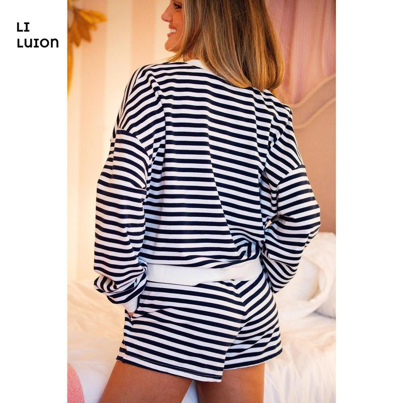 Women Striped Shorts Set Long Sleeve Button down Cardigan Wide Leg Boxers 2 Piece Matching Outfits