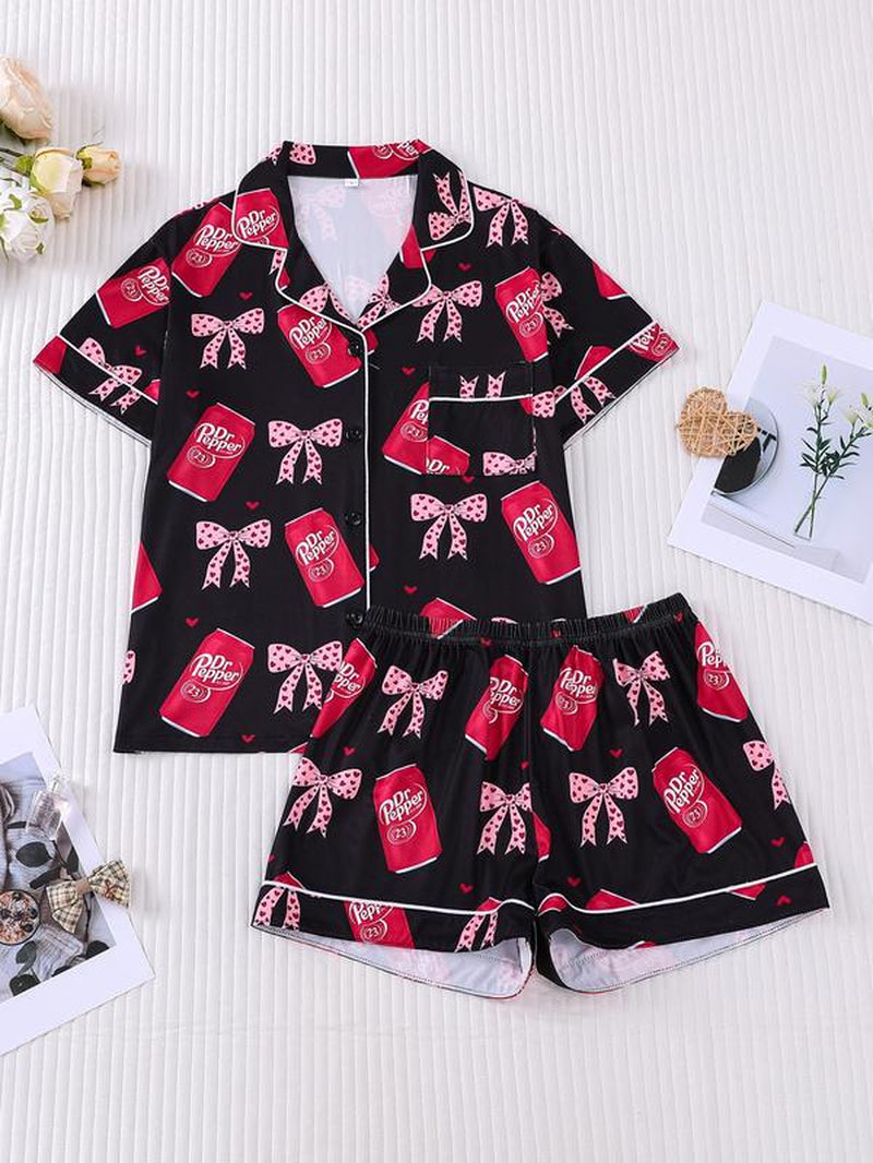 Women'S Valentine'S Day Spring Summer Set, Heart & Bow Pattern, Fitted Short Sleeve Top & Shorts, Casual All-Season Wear