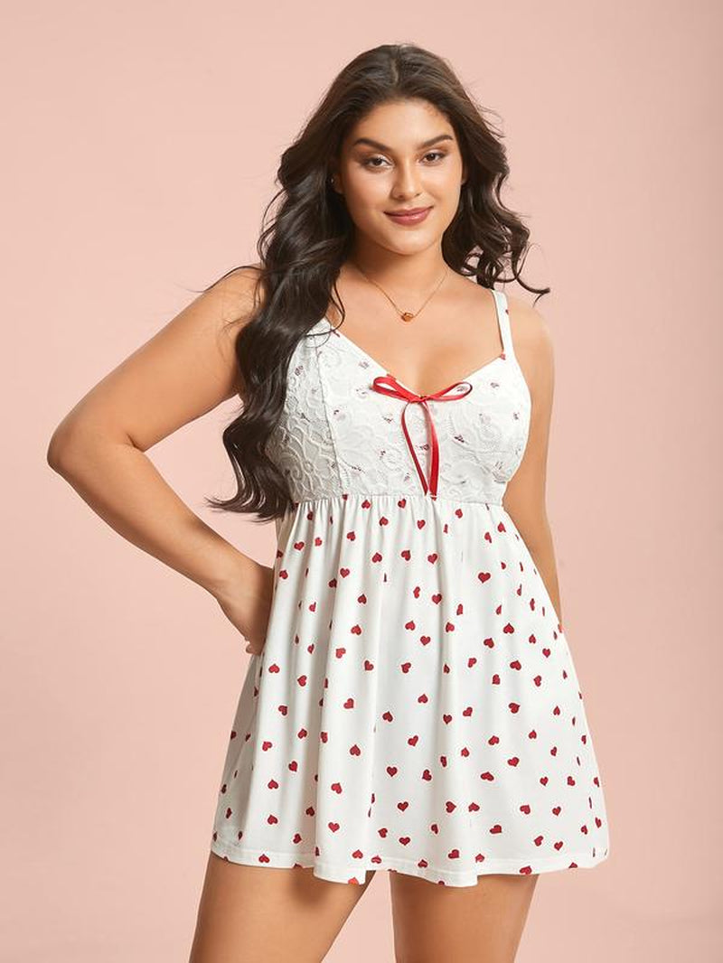 【Bow Design】【Lace Layers】Bloomchic Valentine Gift Bow Lace Heart Print Lounge Dress Women Casual Wear Womenswear