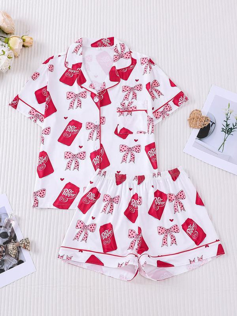 Women'S Valentine'S Day Spring Summer Set, Heart & Bow Pattern, Fitted Short Sleeve Top & Shorts, Casual All-Season Wear