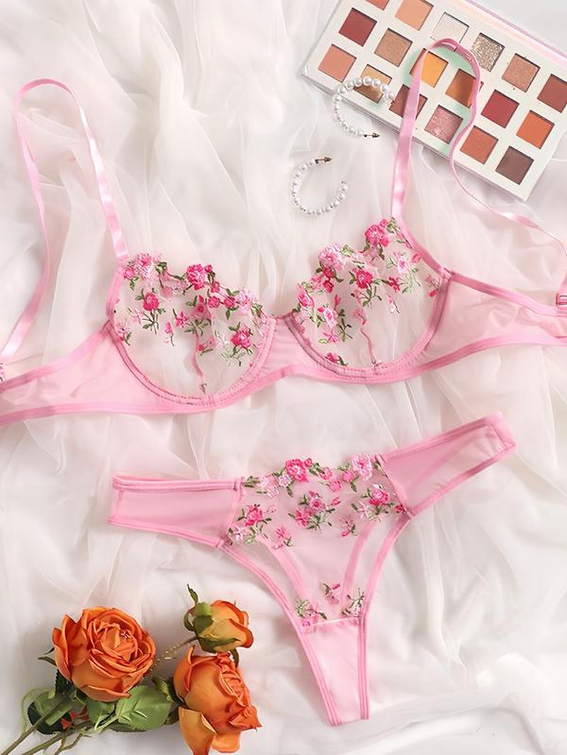 Women’S Sheer Rose Floral Embroidered Lingerie Set, 2-Piece Underwire Unlined Bra + Strappy High-Cut Panty, Lightweight See-Through Mesh, Valentine Gift