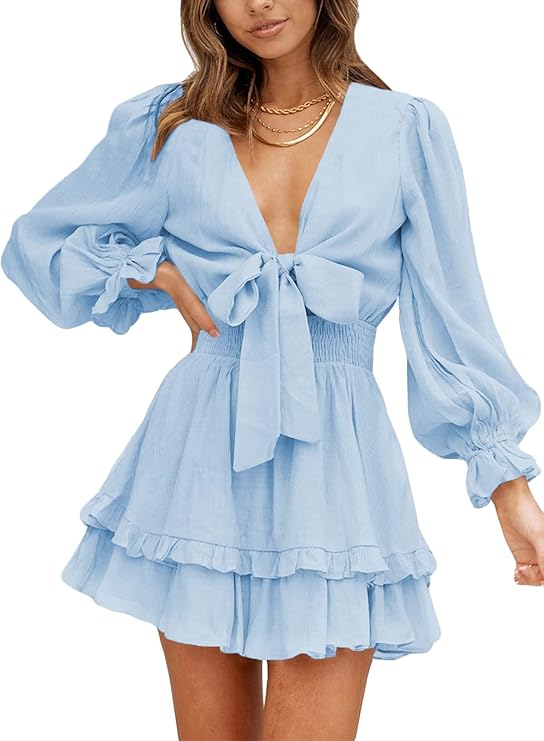Womens Dresses Spring Summer Knot Front V Neck Ruffles Long Sleeve Floral Print Swing Mini Dress