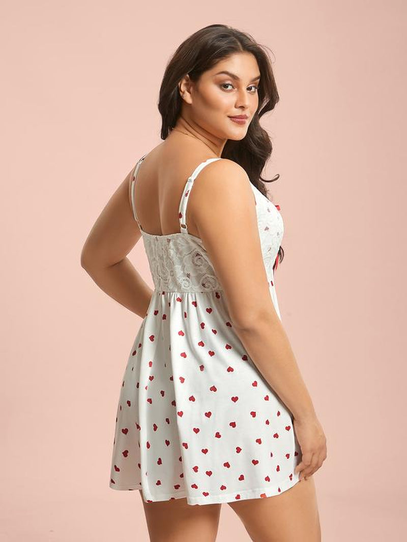 【Bow Design】【Lace Layers】Bloomchic Valentine Gift Bow Lace Heart Print Lounge Dress Women Casual Wear Womenswear