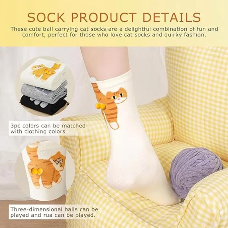 3 Pairs Cute Cotton Cat Socks with Balls Soft Comfy Fit All Seasons Christmas Gifts Stocking Stuffers Funny Socks Cuff Halloween Face Embroidered Socks Pink