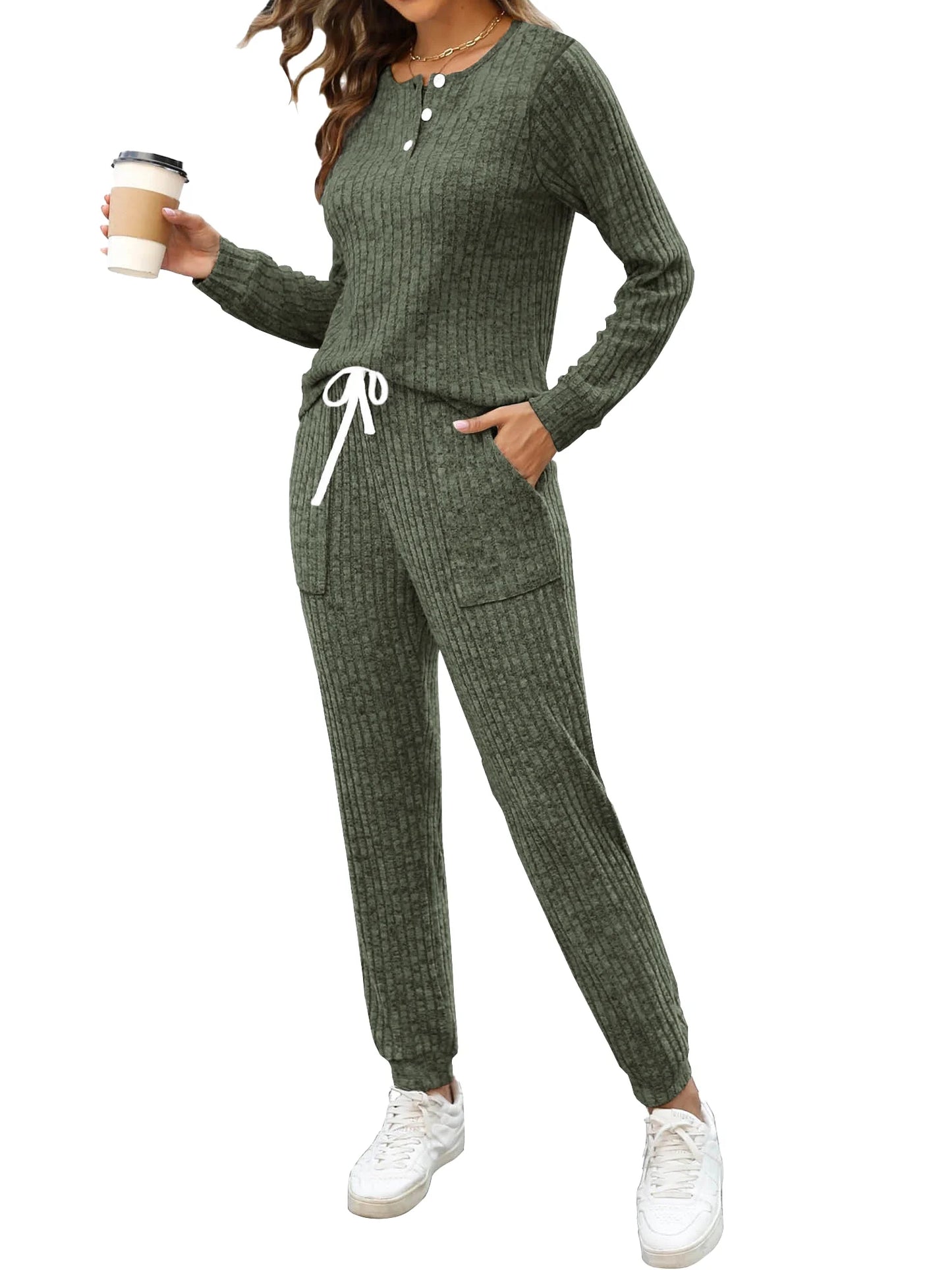 Two Piece Womens Pajama Sets Button down Shirts and Drawstring Pants with Pockets Solid Lounge Sets for Women