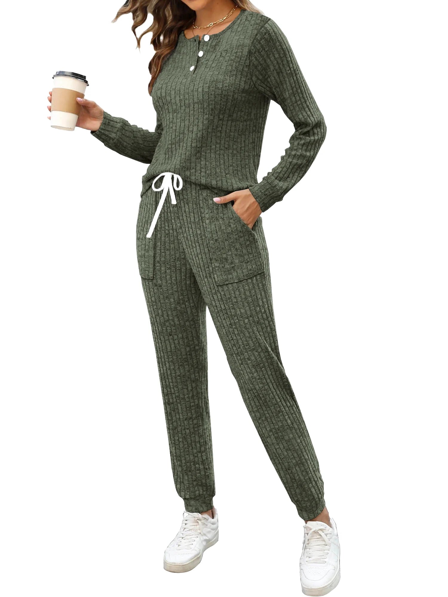 Two Piece Womens Pajama Sets Button down Shirts and Drawstring Pants with Pockets Solid Lounge Sets for Women