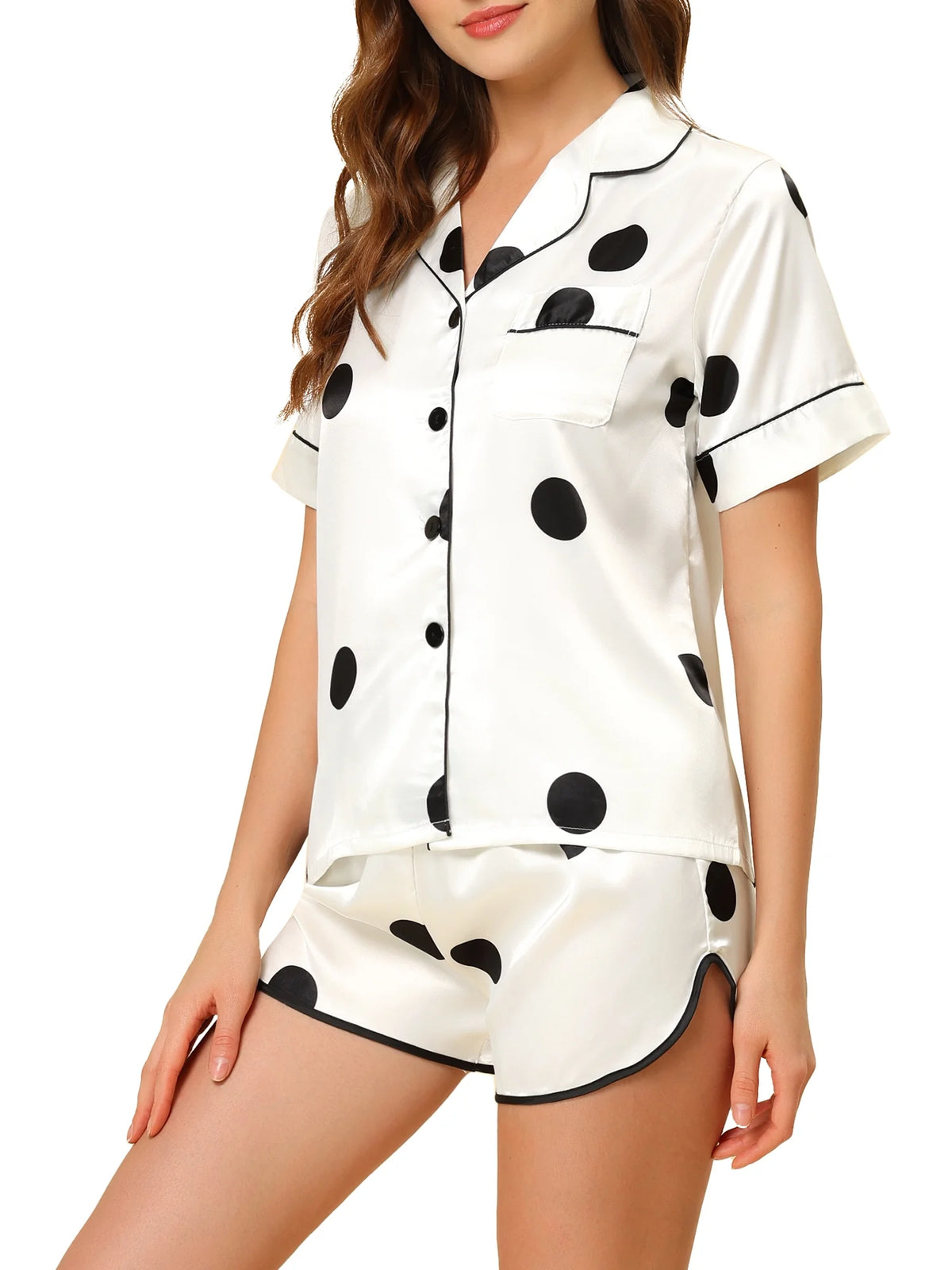 Women'S Satin Pajama Sets Nightwear Sleepwear Tops with Shorts Lounge Sets M White
