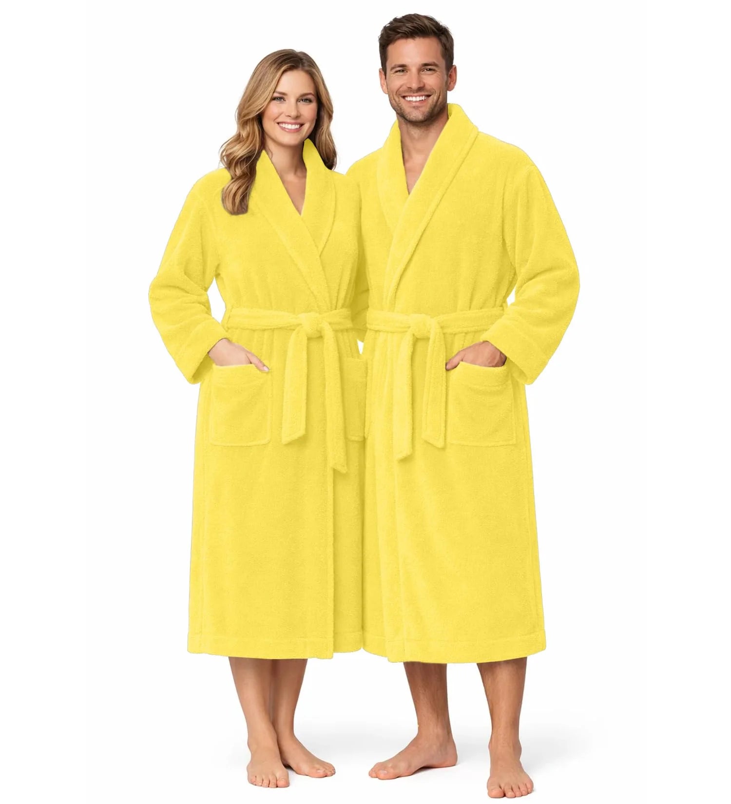 Bathrobe for Men and Women One Size Lightweight Cotton Terry Cloth Robe - Yellow
