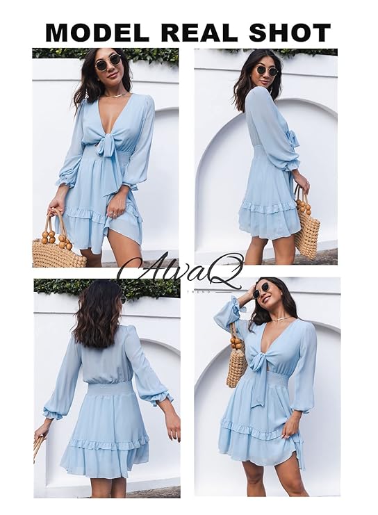 Womens Dresses Spring Summer Knot Front V Neck Ruffles Long Sleeve Floral Print Swing Mini Dress
