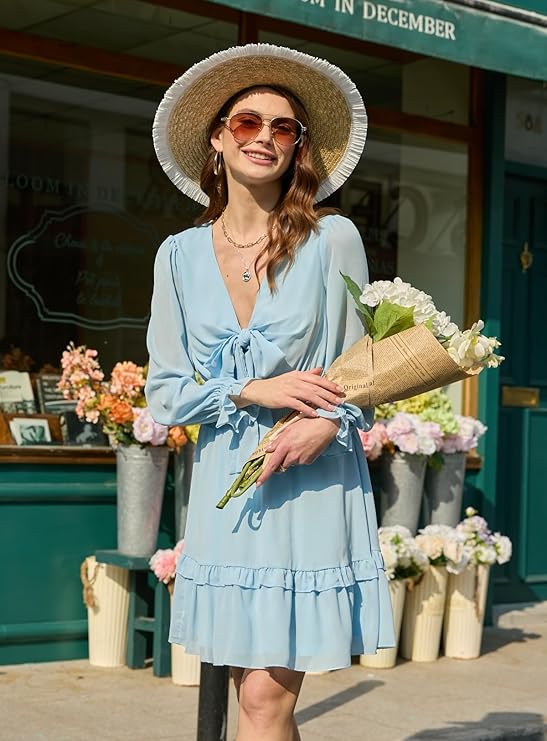 Womens Dresses Spring Summer Knot Front V Neck Ruffles Long Sleeve Floral Print Swing Mini Dress