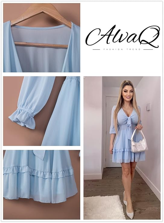 Womens Dresses Spring Summer Knot Front V Neck Ruffles Long Sleeve Floral Print Swing Mini Dress