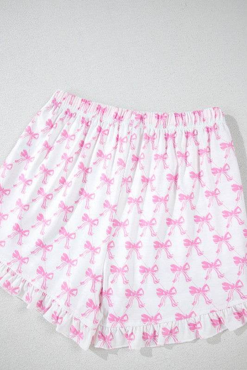 Pink Short Sleeve and Ruffled Shorts Pajama Set