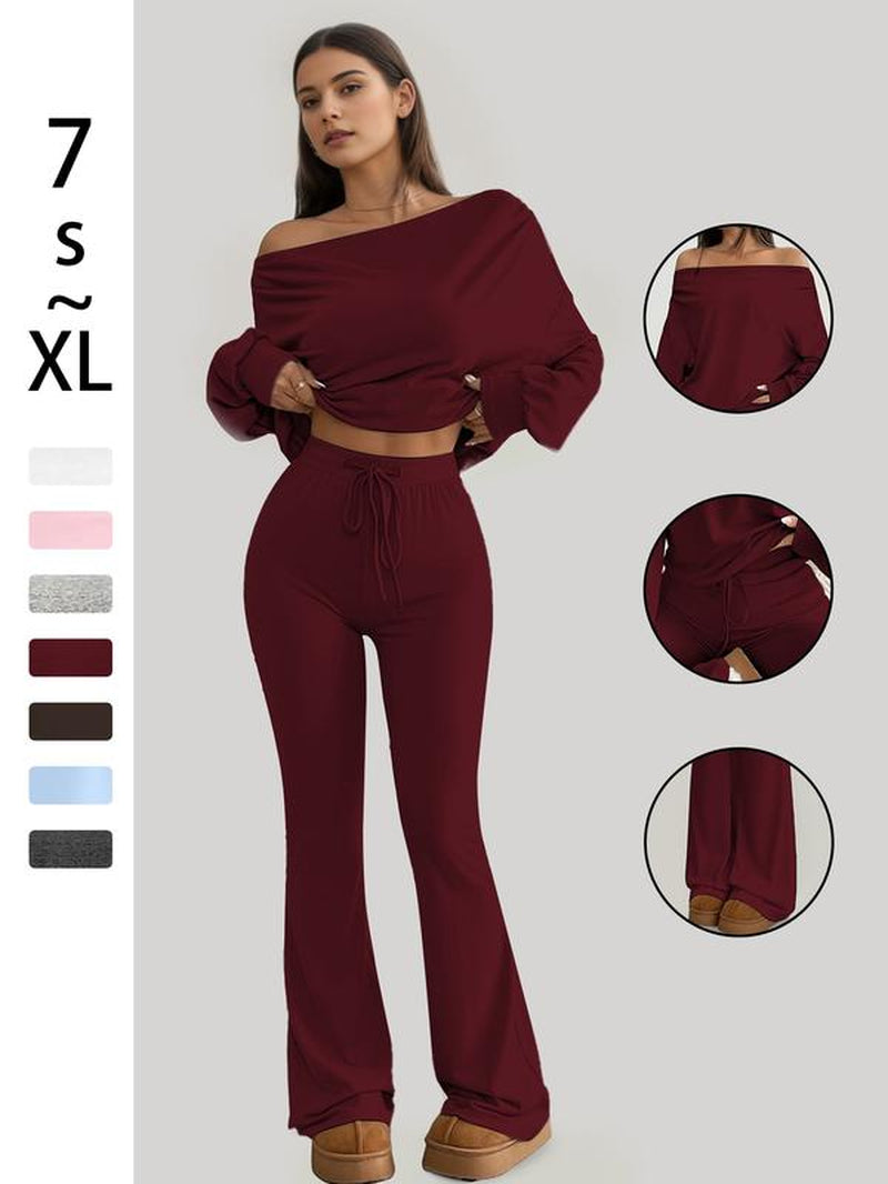 One Shoulder Long Sleeve Loose Crop Top and High Waisted Drawstring Skinny Vintage Bell Bottoms, Yoga Fitness Workout, Fall & Winter