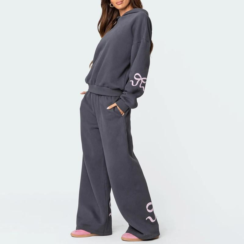 DUTUT Two Piece Bow Graphic Print Hoodie & Sweatpants Set Oversized Pullover High Waist Joggers Tracksuit for Women Premium Cotton-Polyester Blend