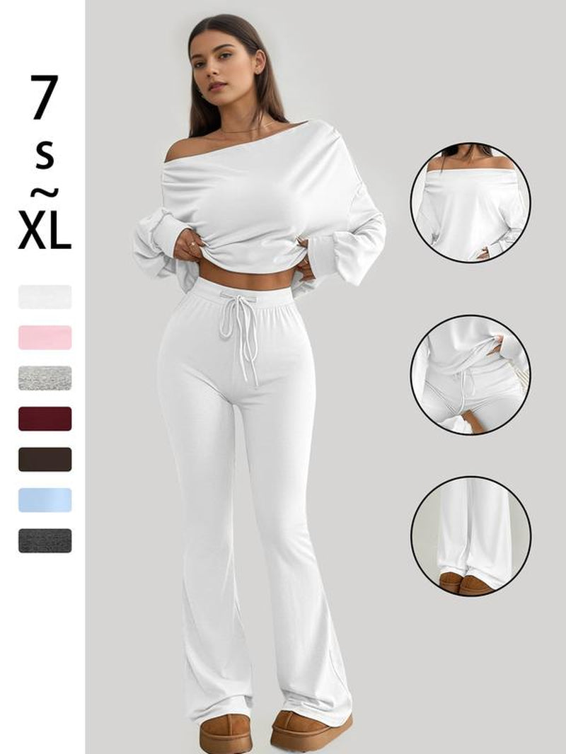 One Shoulder Long Sleeve Loose Crop Top and High Waisted Drawstring Skinny Vintage Bell Bottoms, Yoga Fitness Workout, Fall & Winter