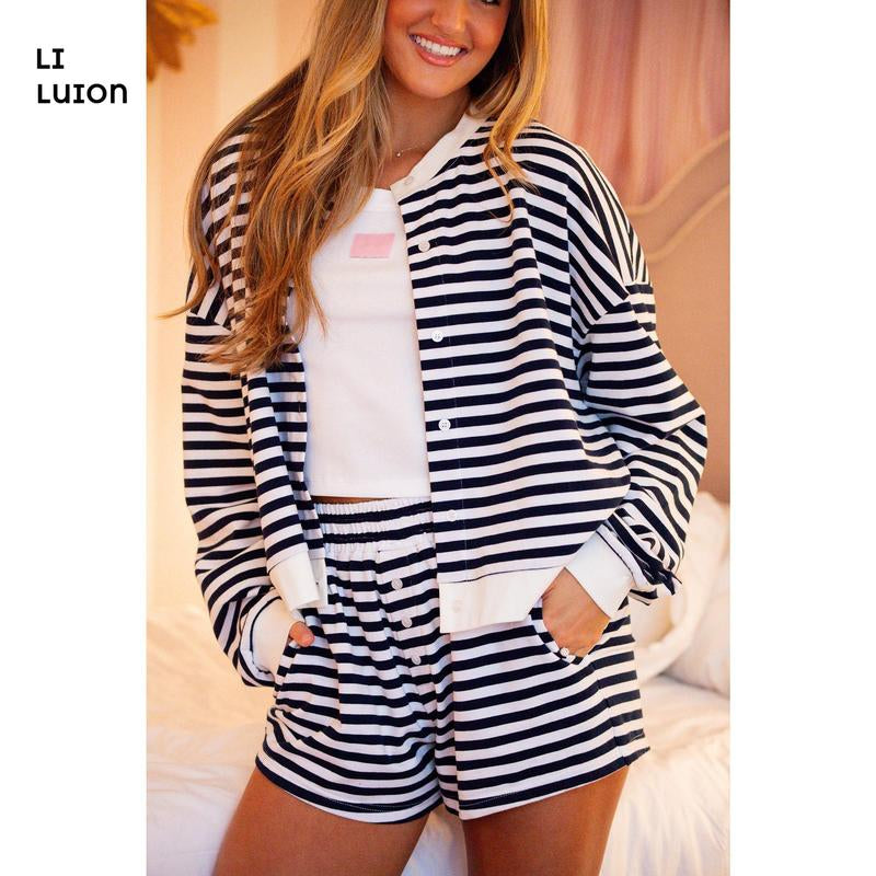 Women Striped Shorts Set Long Sleeve Button down Cardigan Wide Leg Boxers 2 Piece Matching Outfits