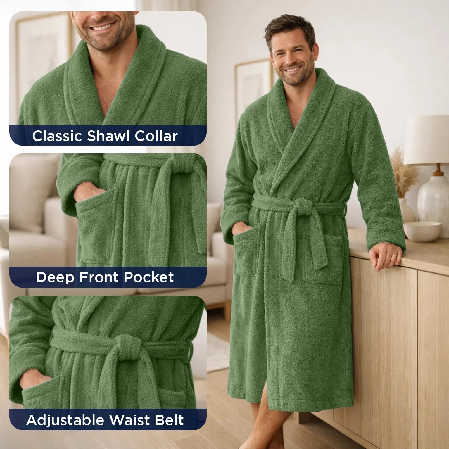 Bathrobe for Men and Women One Size Lightweight Cotton Terry Cloth Robe - Sage Green