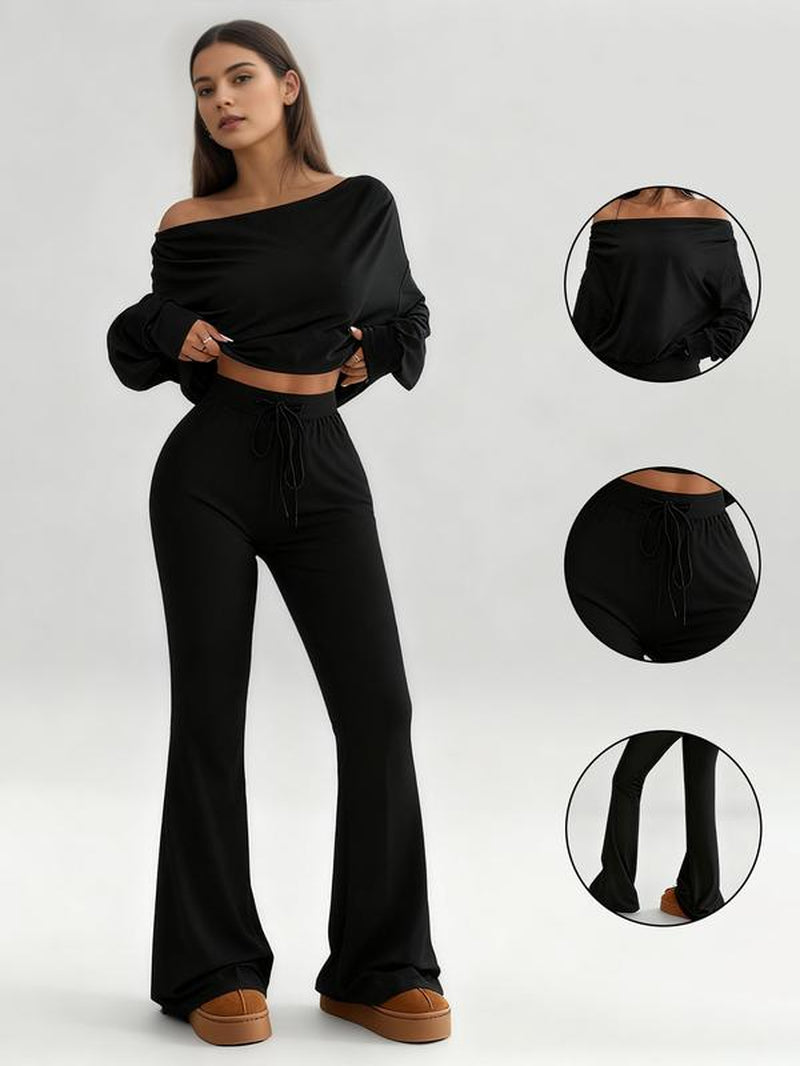 One Shoulder Long Sleeve Loose Crop Top and High Waisted Drawstring Skinny Vintage Bell Bottoms, Yoga Fitness Workout, Fall & Winter