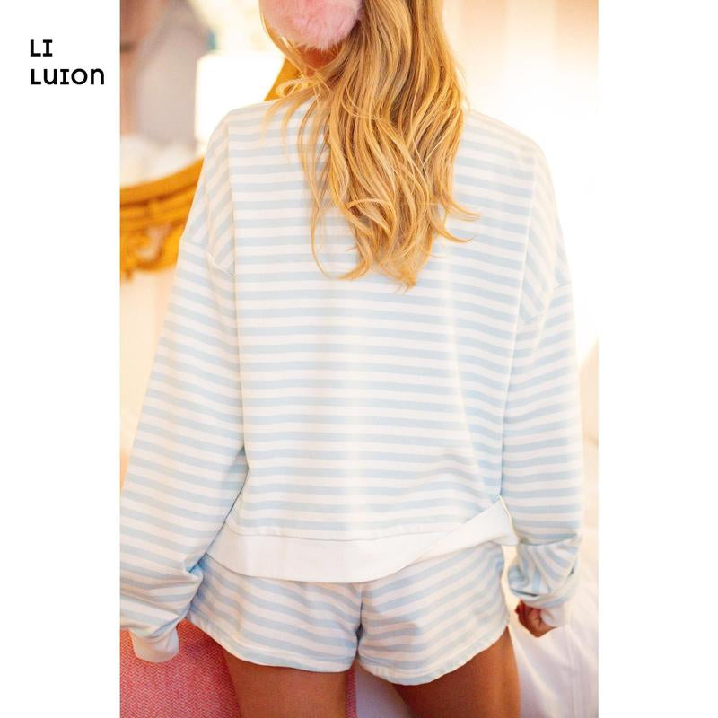 Women Striped Shorts Set Long Sleeve Button down Cardigan Wide Leg Boxers 2 Piece Matching Outfits