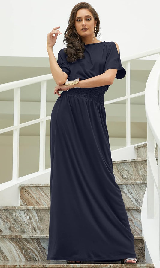 Womens Split Sleeves Smocked Elegant Cocktail Long Maxi Dress