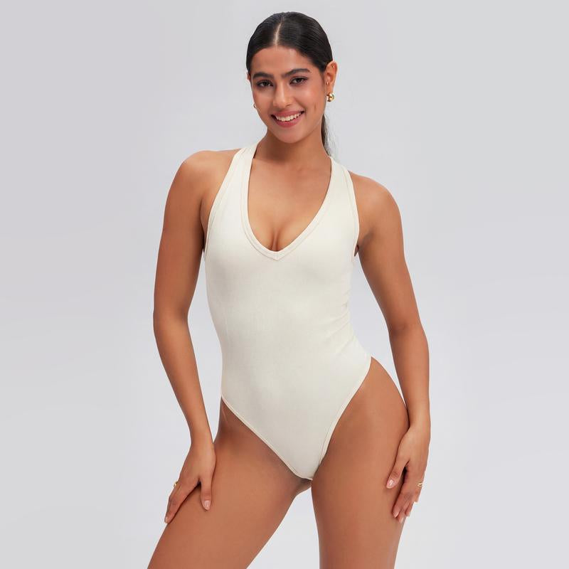 Oqqfitness Women Solid Backless Racerback Tank Bodysuit Cross-Strap Sleeveless Top Deep V Neck All Seasons, Cute Tops