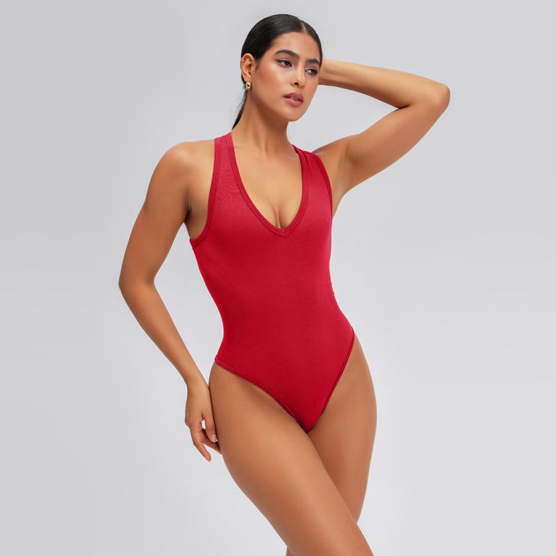 Oqqfitness Women Solid Backless Racerback Tank Bodysuit Cross-Strap Sleeveless Top Deep V Neck All Seasons, Cute Tops