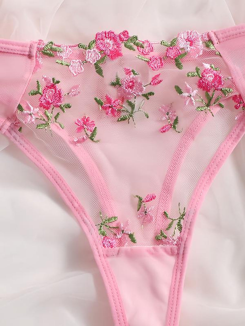 Women’S Sheer Rose Floral Embroidered Lingerie Set, 2-Piece Underwire Unlined Bra + Strappy High-Cut Panty, Lightweight See-Through Mesh, Valentine Gift