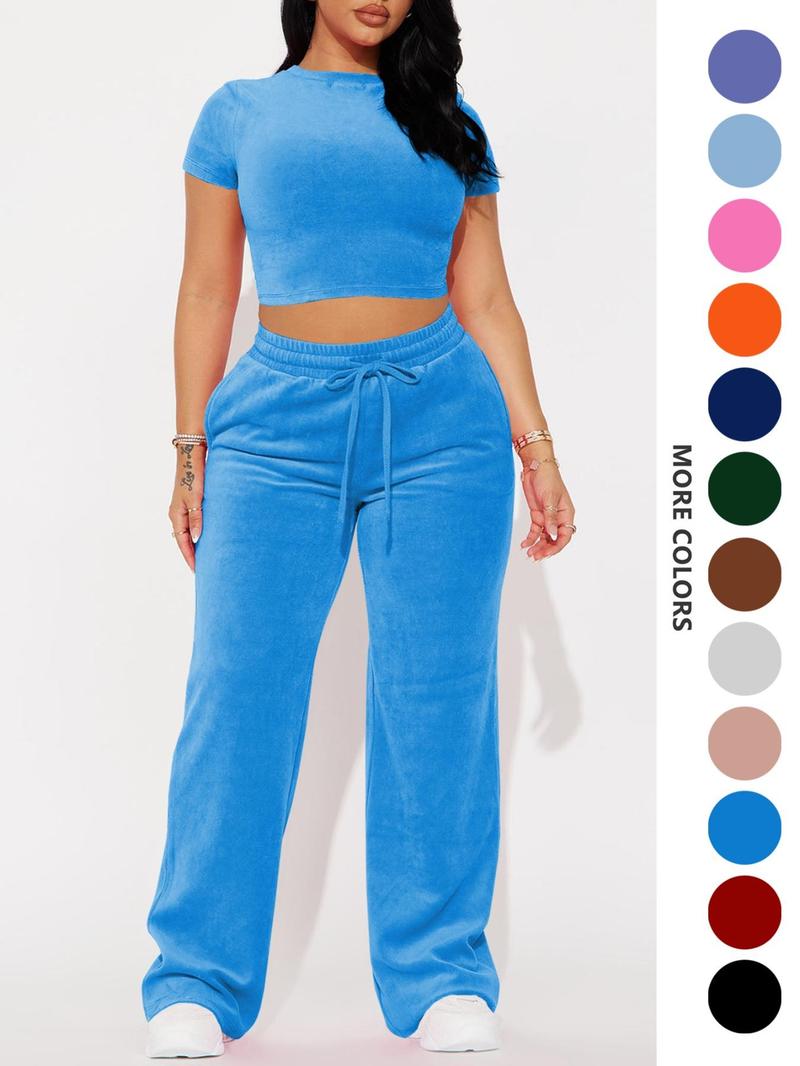 SMSN Women'S Solid Tee & Pants 2 Piece Co-Ord Set Casual Subtle Flexibility Comfortable Fabric round Neck Crop Top & Trousers for Daily Wear Minimalist Basic Crewneck Shortsleeve Matching Sets for Women Womenswear Clothes