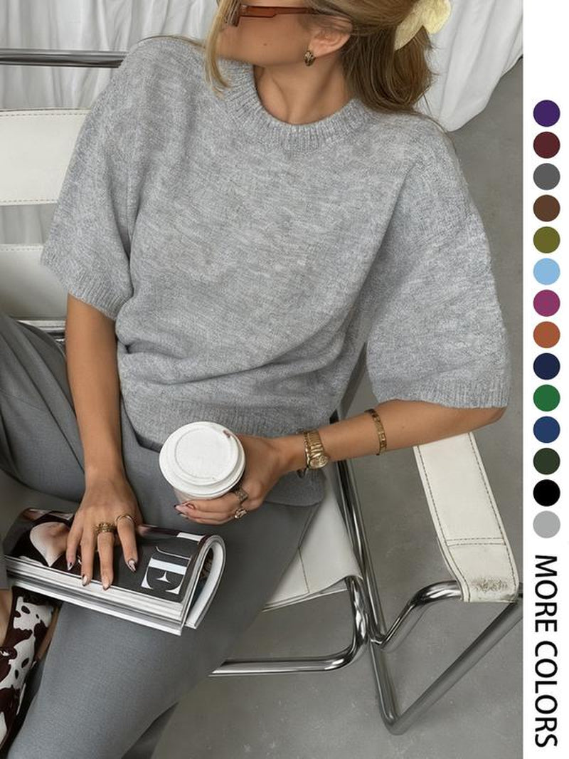 Spring Summer Women'S Loose Casual Vacation Outdoor Knit Sweater, round Neck Short Sleeve Pullover, Fitted Plain Top for Fall & Winter