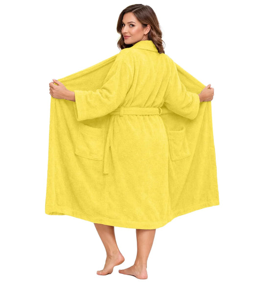 Bathrobe for Men and Women One Size Lightweight Cotton Terry Cloth Robe - Yellow