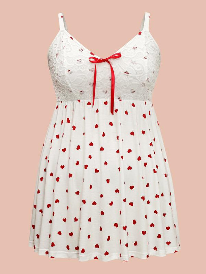 【Bow Design】【Lace Layers】Bloomchic Valentine Gift Bow Lace Heart Print Lounge Dress Women Casual Wear Womenswear