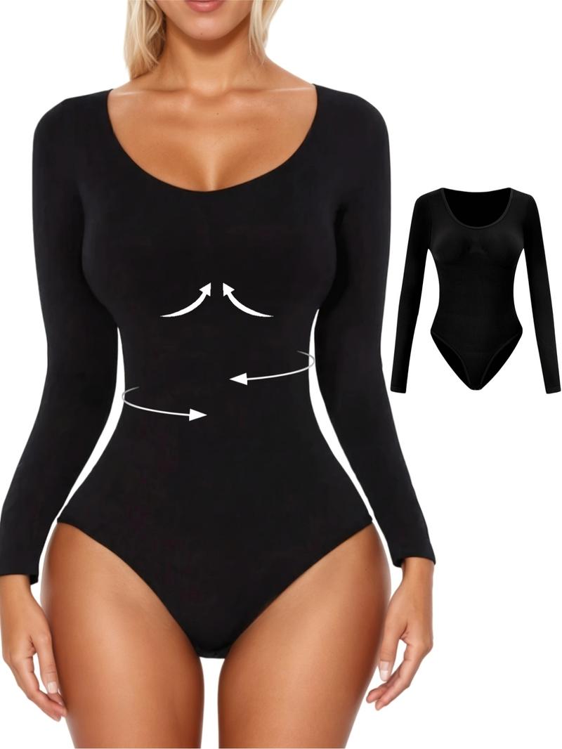 Women'S Shapewear for Fall&Winter,Ribbed Abdomen Control Bodysuit, Long Sleeve Seamless T Shirt,Comfortable Scoop Neck Body Suit Stretchy Basic Tops, Fit Soft Elastic Fabric, Perfect for Daily Wear and Going Out
