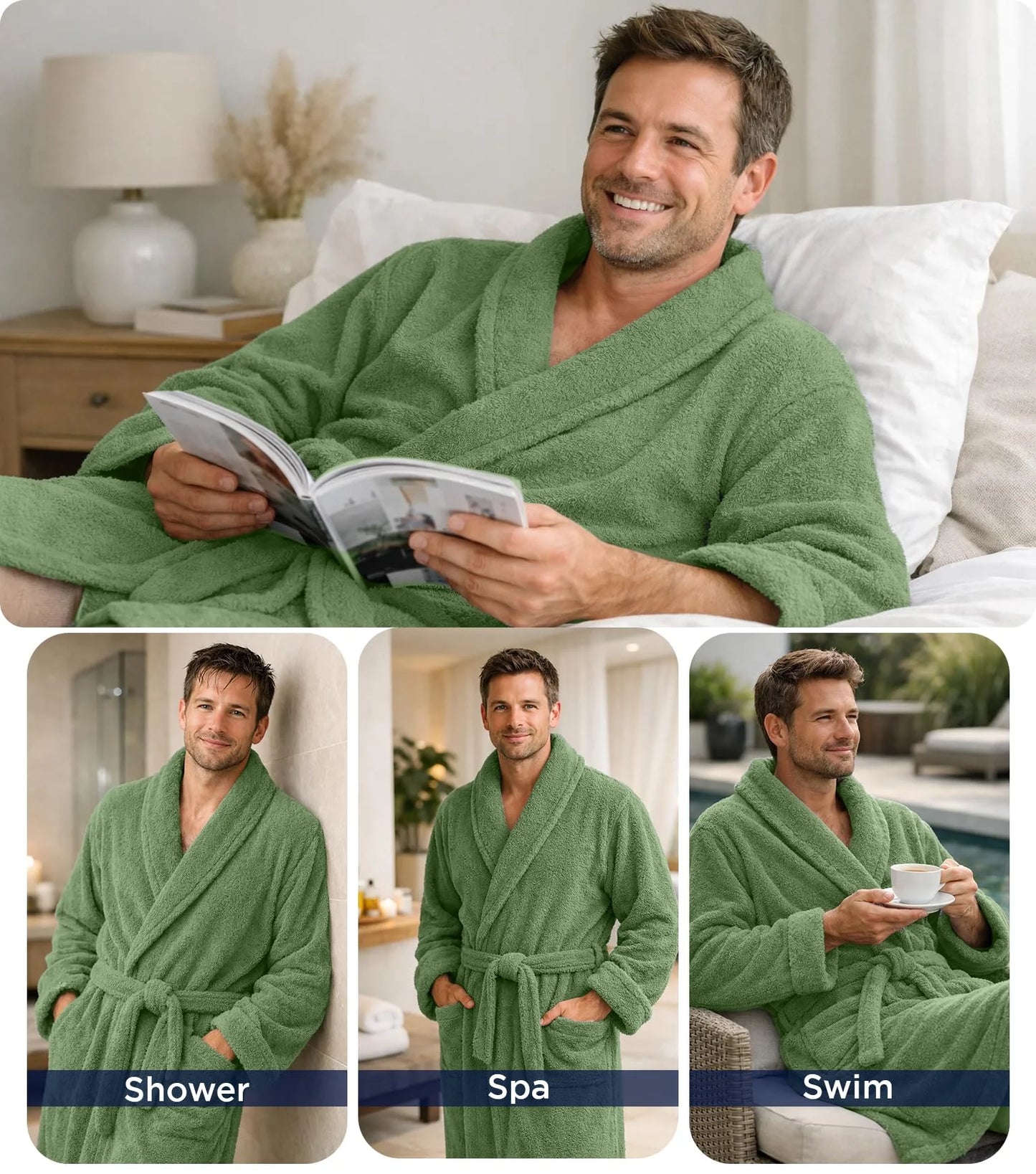 Bathrobe for Men and Women One Size Lightweight Cotton Terry Cloth Robe - Sage Green
