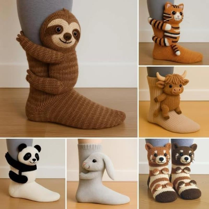 3D Knit Animal Socks, Knitted Plush Animal Pattern Socks - Cute Animal Design Socks, One Size Fits All, Quirky Style, Novelty Design, Soft Fabric, Durable Stitching, Unisex.