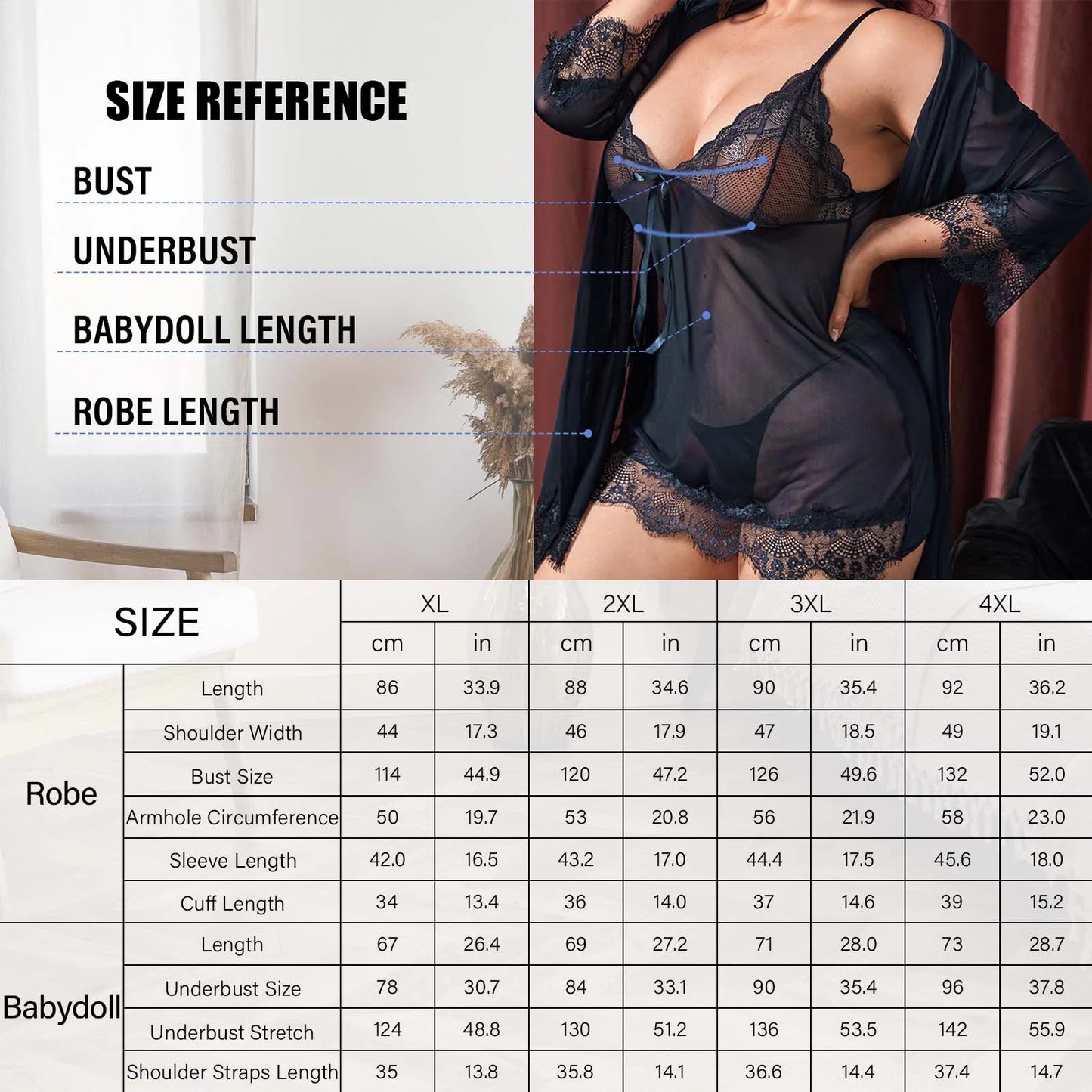 Plus Size Lingerie,  Lingerie for Women, 3-Piece Lingerie Set Sexy Nightgowns, Sheer Robe & Thong - Purple