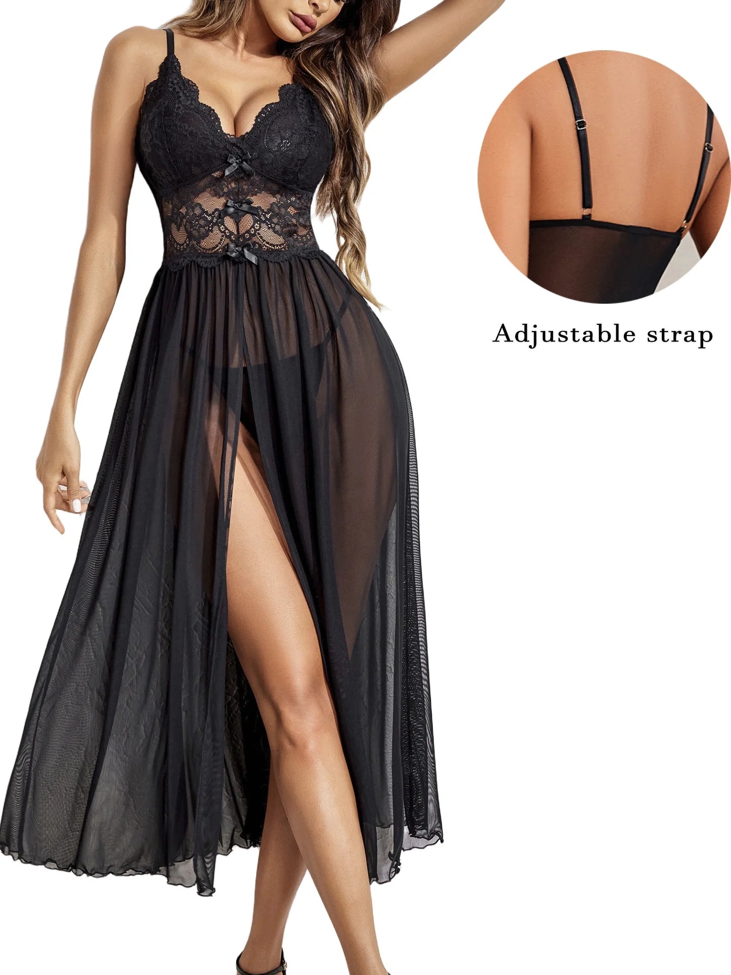 Women Lingerie Lace Chemise Sexy Mesh Nightdress V Neck Nightwear Split Nightgown S-XXL